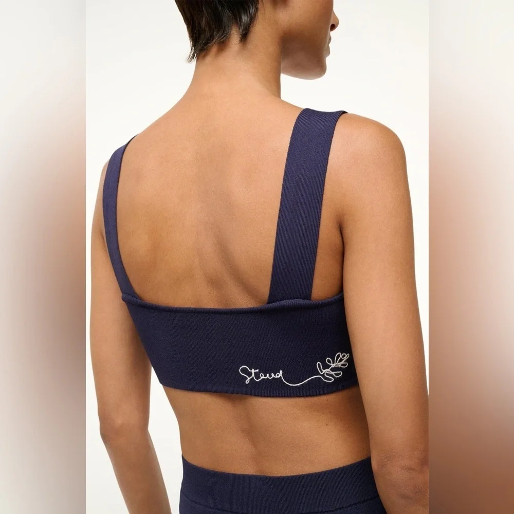 NWT Staud Zola Knit Crop Top Navy Blue & White Embroidered Logo Size Large
